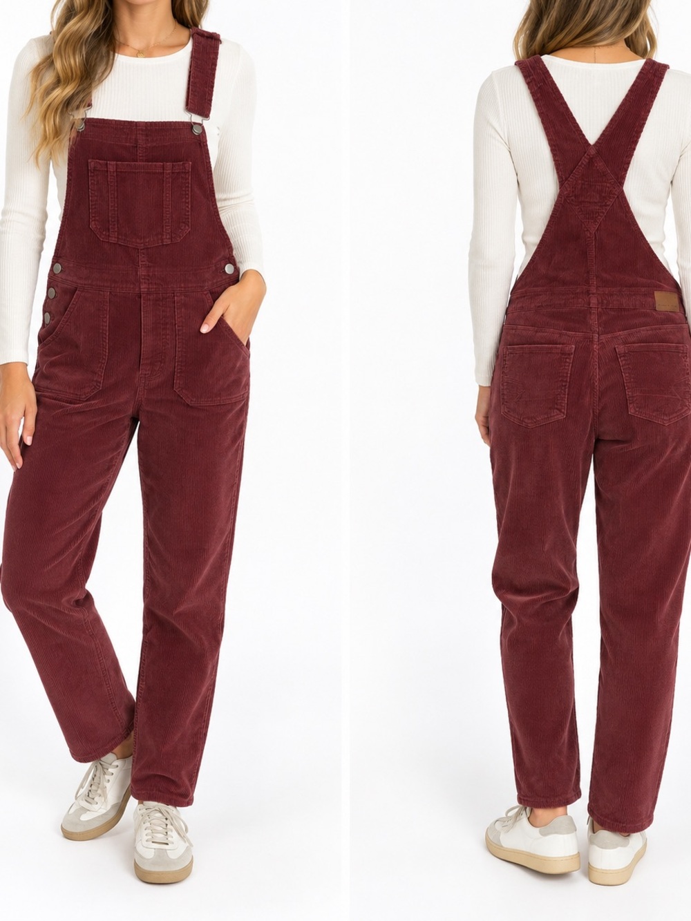 American Eagle Skinny Leg Cotton Burgundy Corduroy Overalls Size XS Soft Grunge